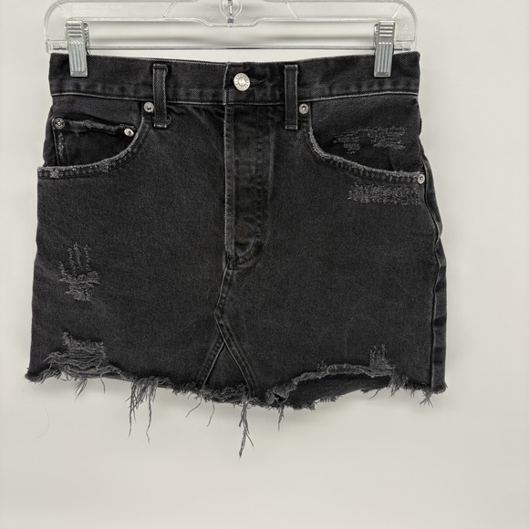 Agolde Denim - AGOLDE Black Distressed Denim Mini Skirt Raw Frayed Hem Button Fly USA‎ Women 26